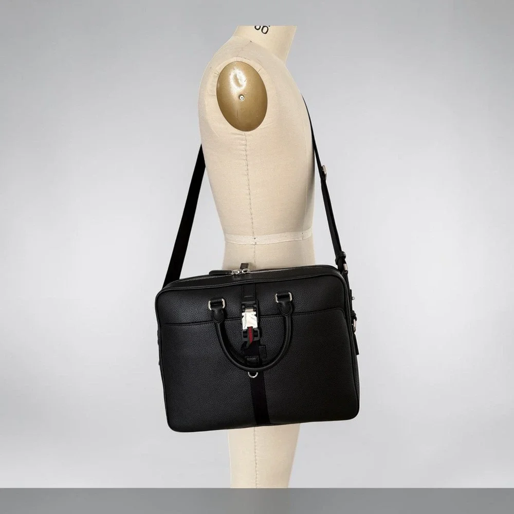 Gucci Men's 816767 Black Webbing-Trimmed Full-Grain Leather Briefcase, NWT